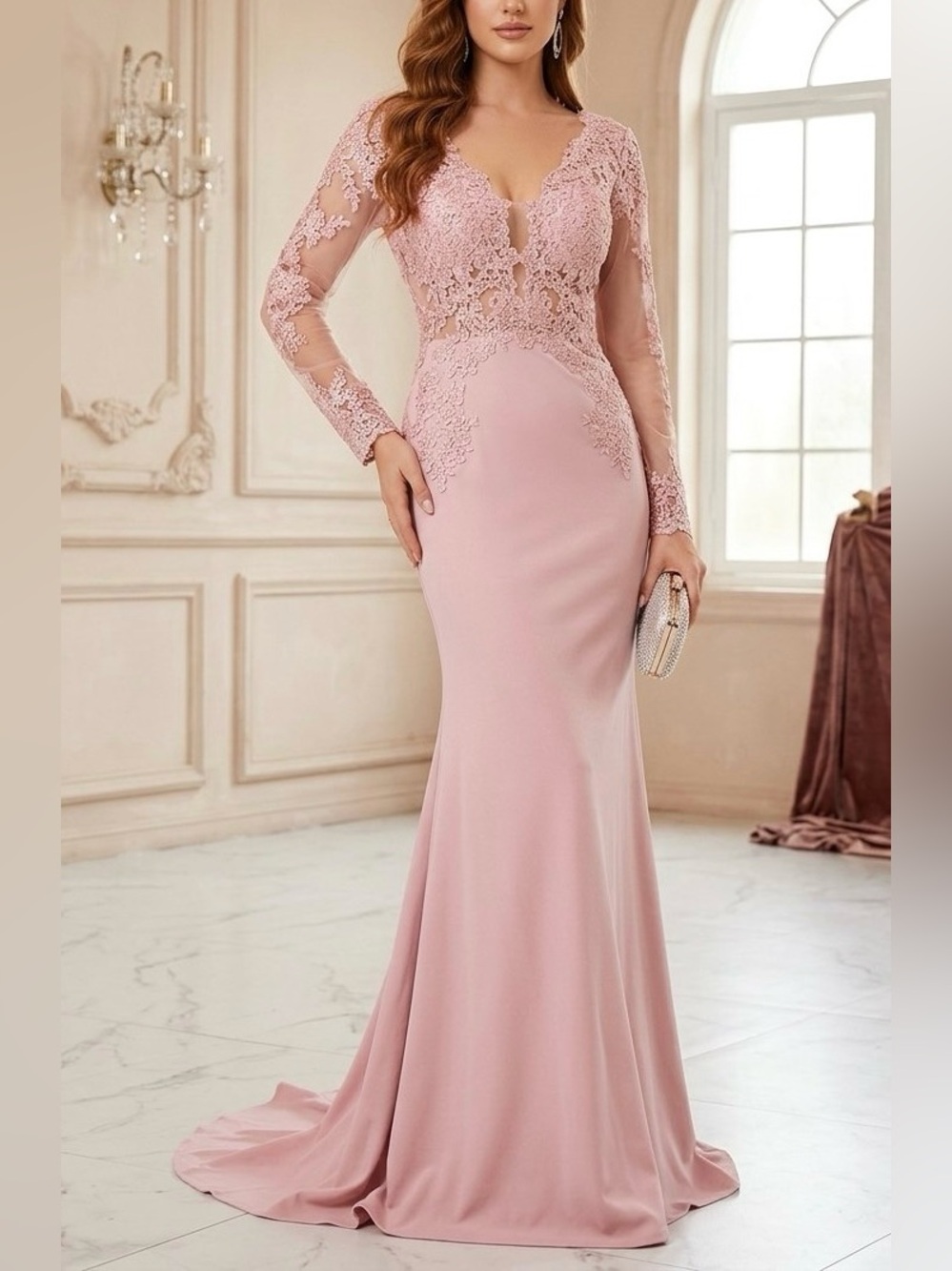 NWT May Queen Pink Lace Long Sleeve Formal Gown Dress Size 8